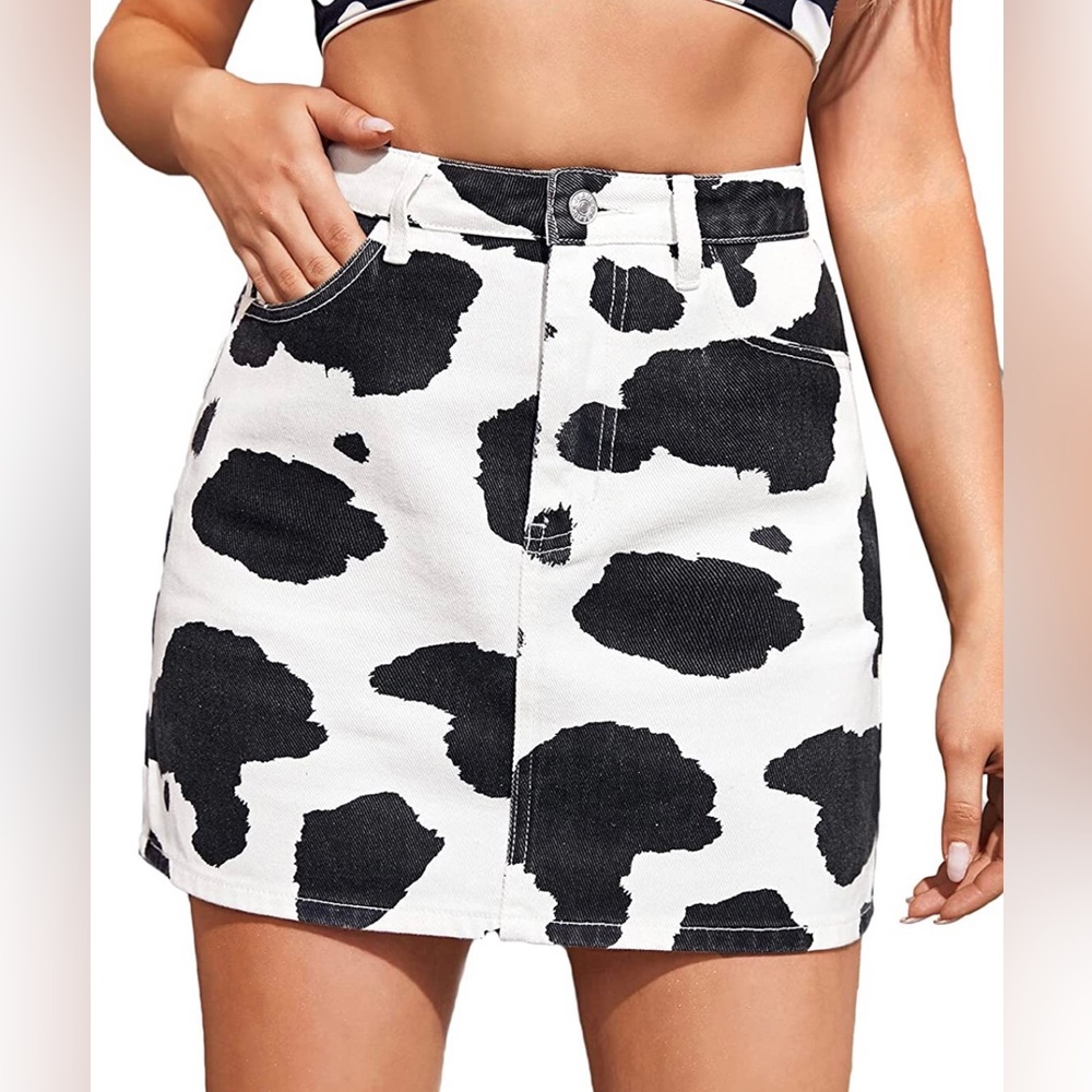 Cow Print High Waisted Mini Denim Skirt